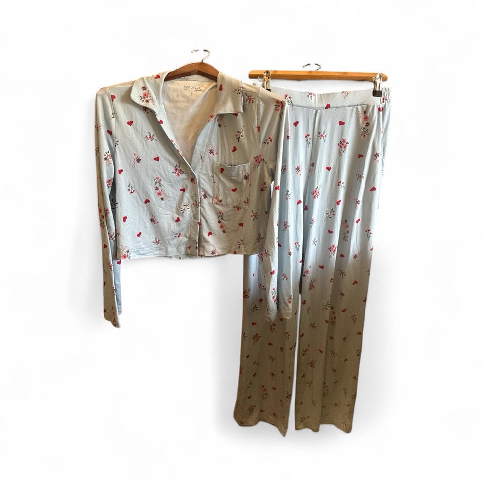 Wildfox Intimates Women’s Size Small Light Blue Floral & Heart 2-PC Pajamas Set